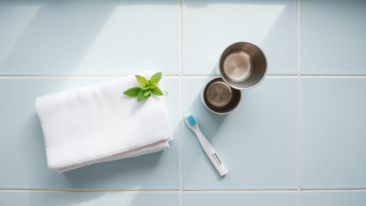 A calm bathroom vanity set up with a daily Gliteeth whitening routine